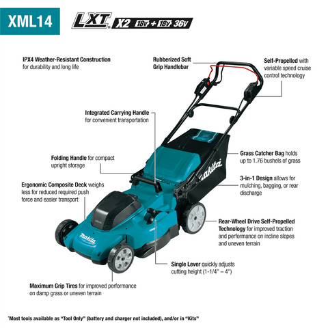 36V (18V X2) LXTÃ‚Â® 19" Self-Propelled Lawn Mower Kit, 4 ea. BL1850B battery, dual port charger (5.0Ah)