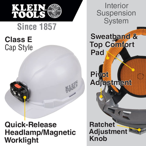 Klein 60107RL Hard Hat, Non-Vented with Headlamp