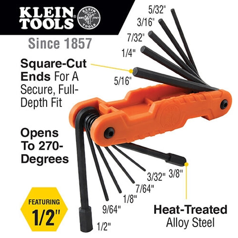 Klein 70550 Pro Folding Hex Key 11 Fractional Inch Keys